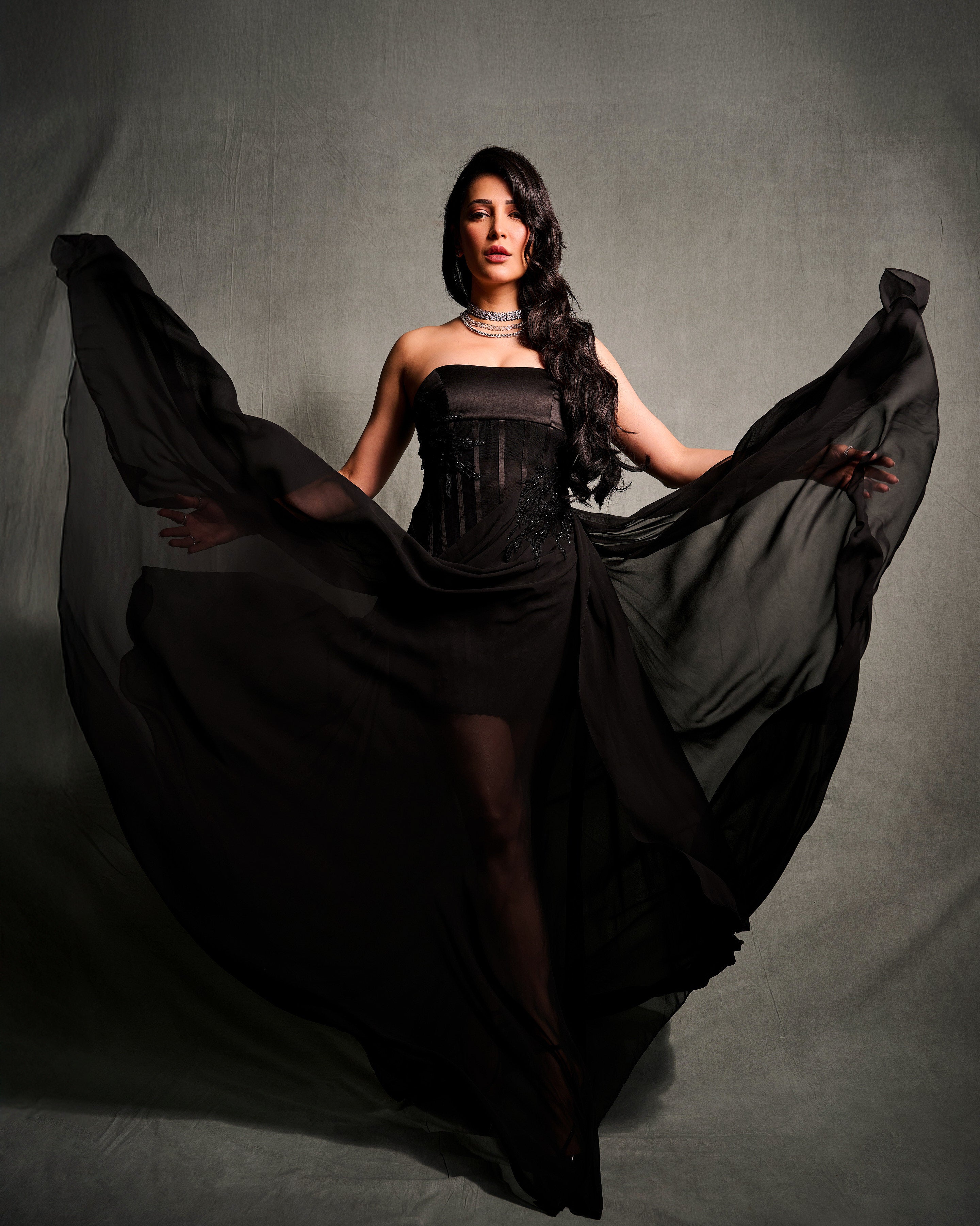 shruti haasan black dress put on your black dress and break shit ! . . . @devikajodhani @noori_hairstylist