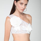 Blossom Dreams One-Shoulder White Net Crop Top
