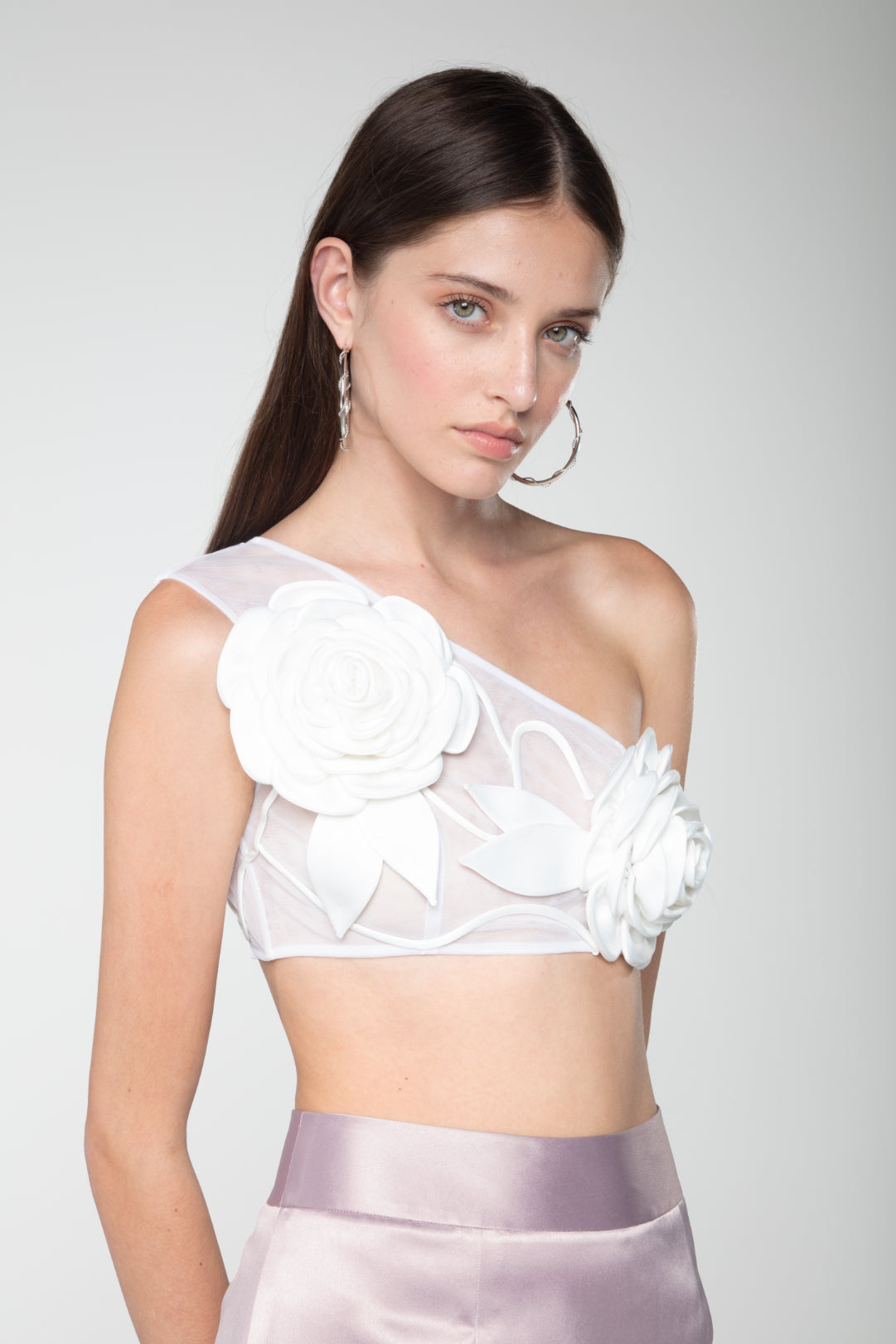 Blossom Dreams One-Shoulder White Net Crop Top